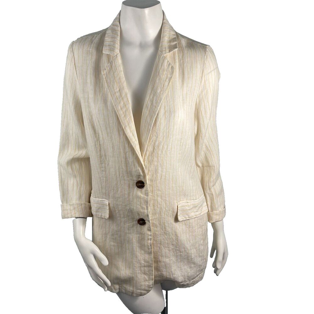 NWT Cynthia Rowley 100% Linen Slouchy Blazer Jacket S Ivory Yellow Stripe Summer